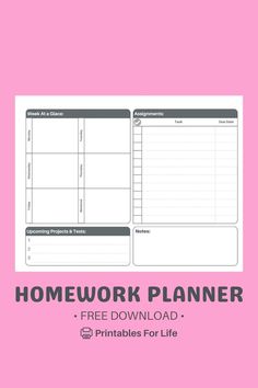 the printable homework planner is shown on a pink background