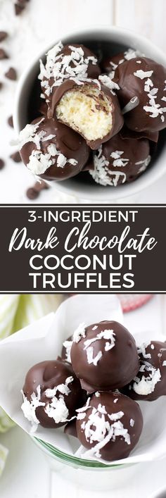 chocolate covered coconut truffles on a plate with text overlay that reads 3 ingredient dark chocolate coconut truffles