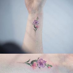 two pictures of flowers on the side of a woman's foot, one with pink and purple flowers