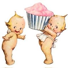 two babies with cupcakes on their backs and one holding a pink frosted cupcake