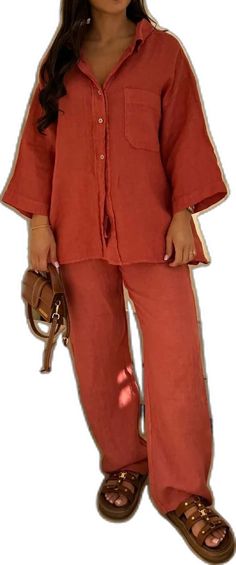 Casual Red Sets With Pockets, Casual Brown Button-up Bottoms, Casual Orange Bottoms, Casual Orange Pants For Fall, Casual Red Wide Leg Sets, Casual Fall Sets With Buttons, Casual Orange Sets Relaxed Fit, Casual Orange Sets With Relaxed Fit, Casual Orange Bottoms With Button Closure