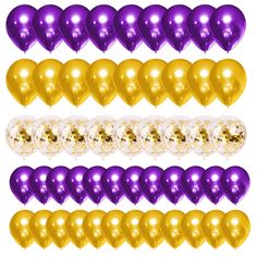 purple and gold balloons are lined up in the shape of heart shaped balloons on a white background