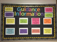 a bulletin board with the words guidance information written in different colors and sizes on it