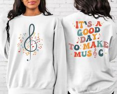 It's A Good Day To Make Music Sweatshirt, Music Teacher Hoodie, Music Teacher Gift, Teacher Gifts, Music Class Shirt, Chorus Teacher Shirt Thank you so much for choosing us! How To Order 1️⃣ Please review all the information provided before placing an order. 2️⃣ Select the sweatshirt type and size using the drop down menu. 3️⃣ Select the color of the shirt using the following drop down menu. 4️⃣ Once all your desired items are in your cart you may complete your order by entering your payment met Crew Neck Cotton Hoodie For Concerts, Cotton Crew Neck Hoodie For Concerts, Music-themed Cotton Sweatshirt With Letter Print, Music-themed Cotton Graphic Sweatshirt, White Letter Print Sweatshirt For Concert, Music-themed Letter Print Cotton Sweatshirt, Music-themed Cotton Letter Print Sweatshirt, Music-themed Cotton Crew Neck Sweatshirt, Music Teacher Gift