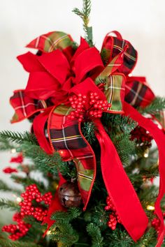 a christmas tree decorated with red and green bows