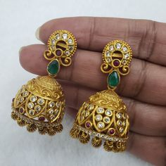 "Handmade Indian Temple Jewelry, best to wear it for traditional ceremonies or Indian wedding. This bridal jewelry has ethnic finish. It has very small Cubic Zircon stones. It is a Bollywood style one gram jewelry These Jhumka Earrings set have an excellent finish and gives out an exquisite sense of style. If you are looking for an amazing Fashion Jewelry set for special occasions such as Anniversary, Engagement, Party, Wedding or for gifting, then your search ends here.. Earring Length: 2.5\", Ceremonial Intricate Design Jhumkas Drop Earrings, Ceremonial Intricate Drop Jhumkas, Festive Ceremonial Earrings For Pierced Ears, Ceremonial Earrings For Festive Occasions, Ceremonial Intricate Design Jhumkas, Festive Ceremonial Earrings, Ornate Jhumkas For Festivals With Pierced Ears, Wedding Drop Jhumkas With Latkans, Wedding Jhumkas With Latkans