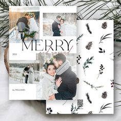 a christmas card with the words merry on it and two pictures of people hugging each other