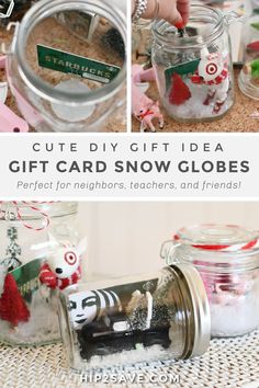 the gift card snow globe is in a glass jar