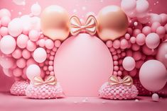 a pink background with balloons and bows