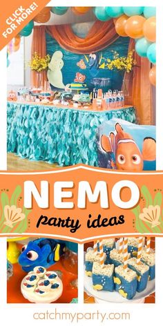 nemo birthday party with decorations and desserts