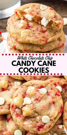 three different views of white chocolate chip candy cane cookies