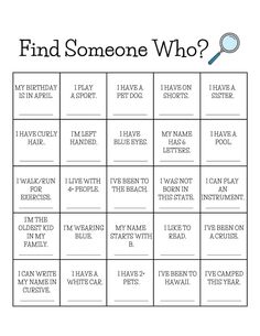 a printable game with words that say, find someone who?