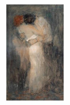 a painting of two people hugging each other in front of a dark background with white and red hair