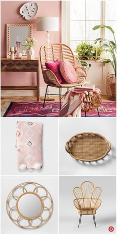 a collage of different furniture and decor items in pink, white, and gold