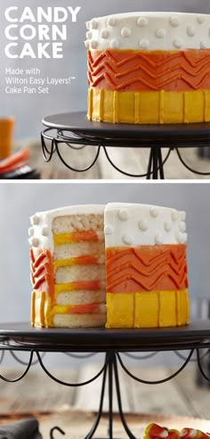 the cake is decorated with orange and white icing, while the rest of the cake sits on a black stand