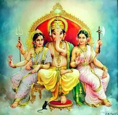 three women sitting on a throne with an elephant