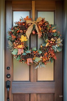 Elegant Fall front door decor with a rustic autumn wreath featuring pinecones, berries, leaves, and a burlap ribbon. Ideal for cozy homes. Welcome Autumn! Porch Cozy Ideas, Front Porch Entryway Ideas, Porch Entryway Ideas, Front Porch Cozy, Diy Fall Wreaths, Layering Rugs, Ingenious Ideas, Cozy Ideas, Ornamental Cabbage