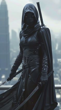 a woman dressed as darth vader standing in front of a cityscape