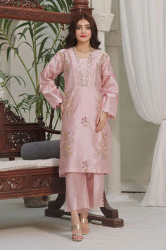 2 Piece Straight Shirt with Trouser Details: Embroidered Shirt Plain Trouser Color: Pink Fabric: Katan Silk