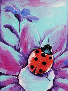 a painting of a ladybug sitting on top of a purple flower