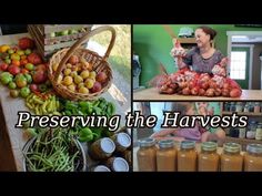 a woman sitting at a table filled with fruits and vegetables next to jars of liquid