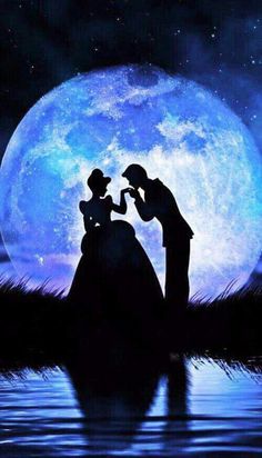 the silhouettes of two people in front of a full moon with water and grass