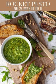 Rocket pesto in a bowl surrounded by slices of toasted ciabatta. Chicken And Roasted Vegetables, Easy Pasta Dinner Recipes, Party Dip Recipes, Rocket Salad, Arugula Pesto, Salad Leaves, Pasta Dinner Recipes