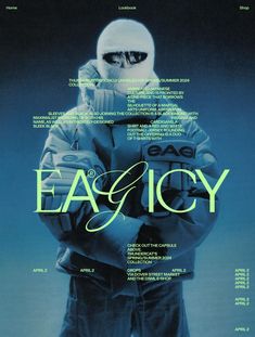 an advertisement for eaac icy featuring a man with sunglasses on his head and the words eaac icy above him