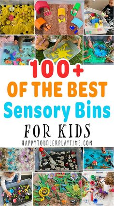 the words, 100 + of the best sensory bins for kids