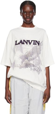 Cotton jersey T-shirt. · Rib knit crewneck · Embroidered logo appliqué at chest · Graphic and logo printed at front · Dropped shoulders · Eyelet and detachable logo tag at back hem Part of the Lanvin x Future collaboration, within the Lanvin Lab collection. Supplier color: White mustang/Black White Mustang, Mustang Black, Knit Crewneck, White Shop, Lanvin, Jersey T Shirt, Drop Shoulder, Mustang, Apparel Accessories