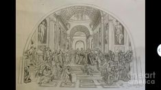 an old drawing of people in a church