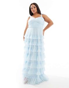 Lace & Beads Plus tiered ruffle midaxi dress in sky blue  | ASOS Light Blue Tulle Dress, Blue Tulle Dress, Midaxi Dress, Spring Floral Dress, Blue Tulle, Winter Party Dress, Sparkly Dress, Black Long Sleeve Dress, Long Black Dress