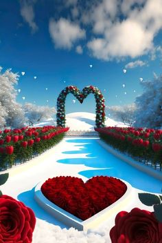 two red roses are in the middle of a heart - shaped garden with snow and flowers