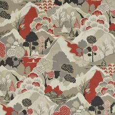 Buy the Essential Living Glory Red Cotton Fabric at Michaels. com. A printed scenic design, this fabric depicts stylized hills and foliage. A printed scenic design, this fabric depicts stylized hills and foliage. With pops of color, this pattern also has great surface interest. Color: Red and tan, Contents: 100% cotton, Width: 56", Horizontal repeat: 27.25", Vertical repeat: 26.5", Maximum cut length: 50 yd. | Essential Living Glory Red Cotton Fabric | Michaels® Grey Upholstery, Scenic Design, Scenic Landscape, Drapery Fabric, Landscape Prints, Home Decor Fabric, Fabric Decor, Asian Art, Color Pop