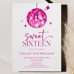 a pink and white birthday party card with a disco ball on the front that says sweet sixteen