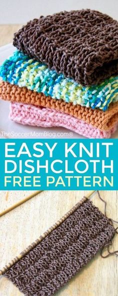 three crocheted dishcloths are stacked on top of each other and the text overlay says easy knit dishcloth free pattern