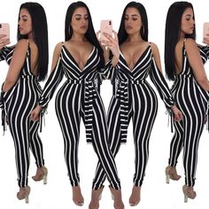 Women'S Sexy V-Neck Jumpsuit V-neck Stretch Bodysuit For Club, Summer V-neck Bodysuit For Club, Stretch V-neck Bodysuit For Club, Chic V-neck Stretch Jumpsuits And Rompers, Black V-neck Jumpsuit For Club, Trendy Fitted V-neck Jumpsuits And Rompers, Striped V-neck Jumpsuits And Rompers For Summer, Trendy White V-neck Bodysuit, White Stretch V-neck Jumpsuits And Rompers