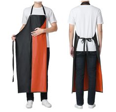 two men in aprons standing next to each other, one with an orange and black apron