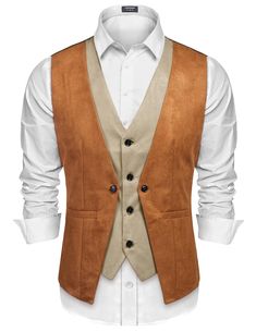 PRICES MAY VARY. 90%polyester10%RAYON Imported Button closure These men's suede vests are made of premium faux suede with 3 colors(Black/ Coffe/ Khaki), which will make you look great and handsome Unique layered style suede vest which will adds a distinct dressier appearance to your normal everday attire Coofandy suede leather vest is soft and lightweight, gives you good wearing experience.Suit for Wedding, Party，Daily Wear,etc Front 4 button slim fit suede suit vest, v-neck, fake-two piece design and with adjustable belt, you can adjust to your perfect fit Hand wash and dry clean are recommended.Please note: In package, the dress shirt and neck tie are not included COOFANDY Men Fashion V Neck Sleeveless Contrast Color Double Breasted Back Strap Vest    Description  -Brand: COOFANDY  -Mate Vest For Groomsmen, Layered Suit, Floral Suit Jacket, Mens Western Style, Suede Suit, Cowboy Vest, Suit For Wedding, Rustic Basement, Vest Suit