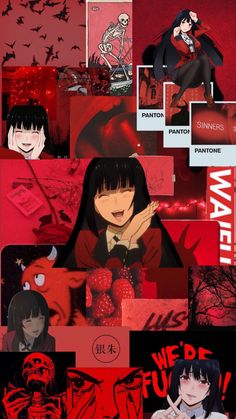 an anime collage with red and black images, text that reads we're weird