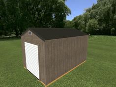 a small shed sitting on top of a lush green field in front of some trees