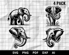 four elephants in different poses on a piece of paper with the words svg png dxf