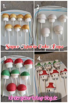 Super Mario Pilz-Cake-Pops Super Mario Bros Strawberries, Mario Birthday Party Sweets, Yoshi Cake Pops, Mario Bro Cakes, Diy Mario Cake Pops, Mario Power Up Cake, Mario Birthday Party Dessert Table, Super Mario Bros Cake Easy, Mario Mushroom Cookies