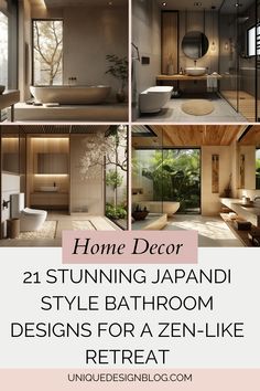 the interior and exterior of a home with text overlay that reads,'stunning japanese style bathroom designs for a zen - like treat