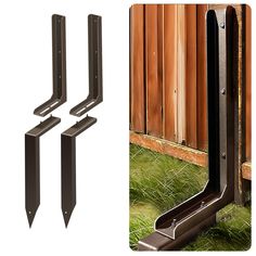 three different types of metal door handles on the side of a wooden fence and grass