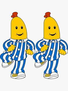 two cartoon characters dressed in blue and white stripes