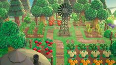 an animal crossing game in the middle of trees and bushes with fruit growing on them