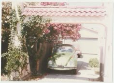 an old car parked in front of a house with vines growing on the side of it