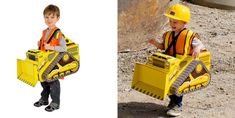 two children dressed in construction gear, one holding a toy bulldozer and the other carrying a toolbox