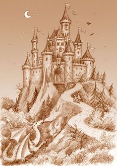 a drawing of a castle on top of a hill